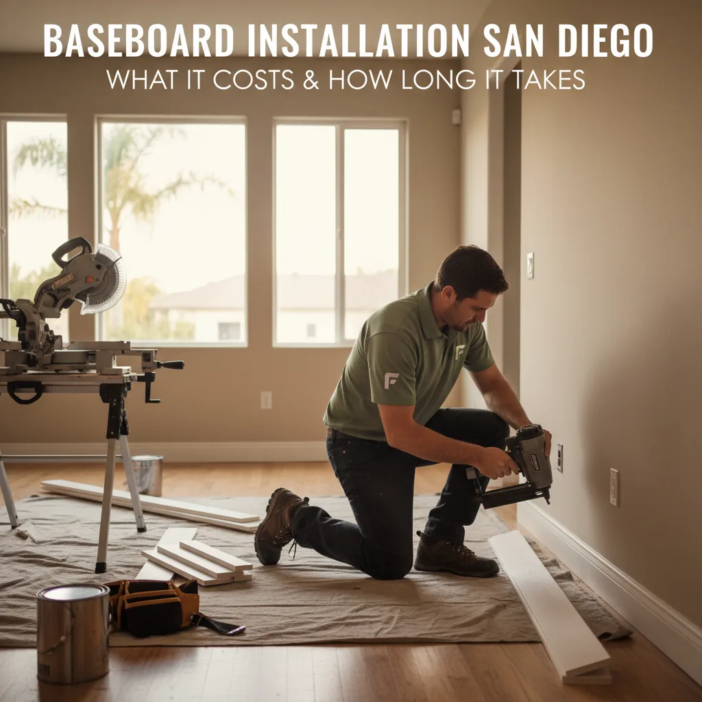 A handyman nailing primed white baseboard along the wall of a freshly painted San Diego living room with a miter saw visible in the background