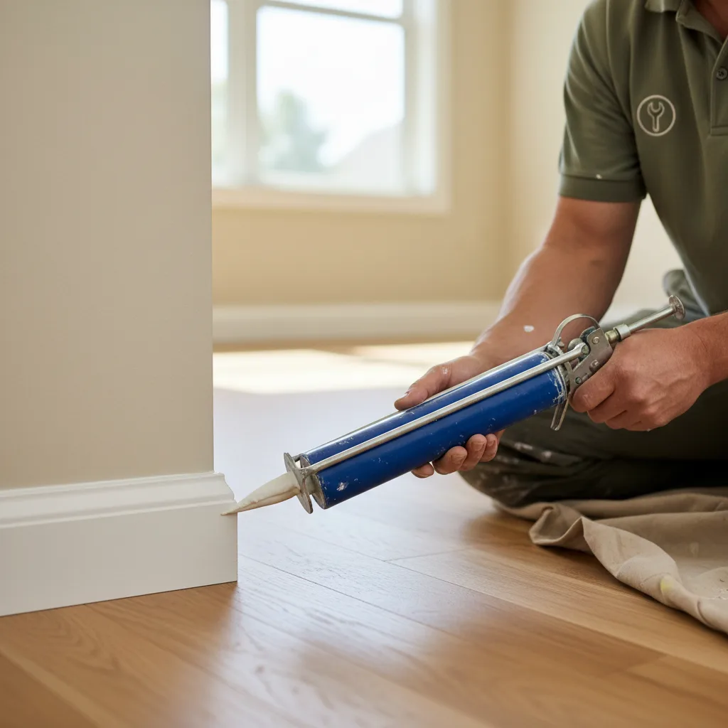 Close-up of a coped baseboard inside corner joint with caulk gun nearby, photore