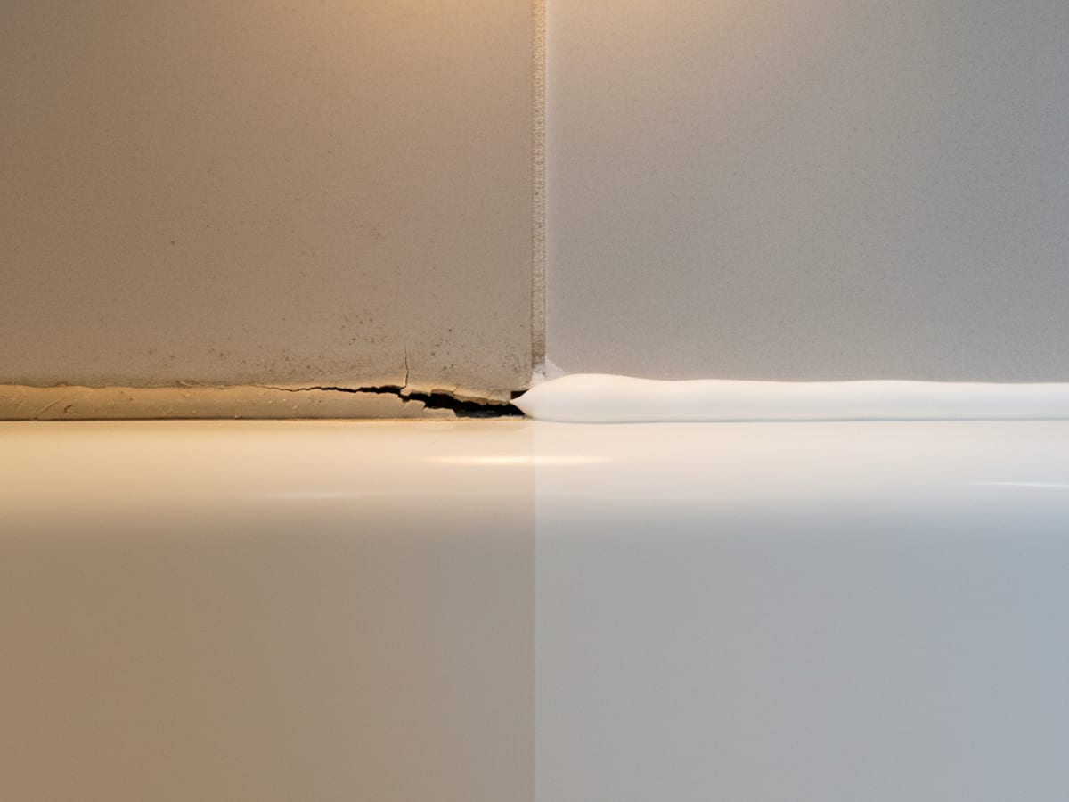 Before and after of a bathroom tub surround caulk line — old cracked brown caulk on the left, fresh white silicone on the right