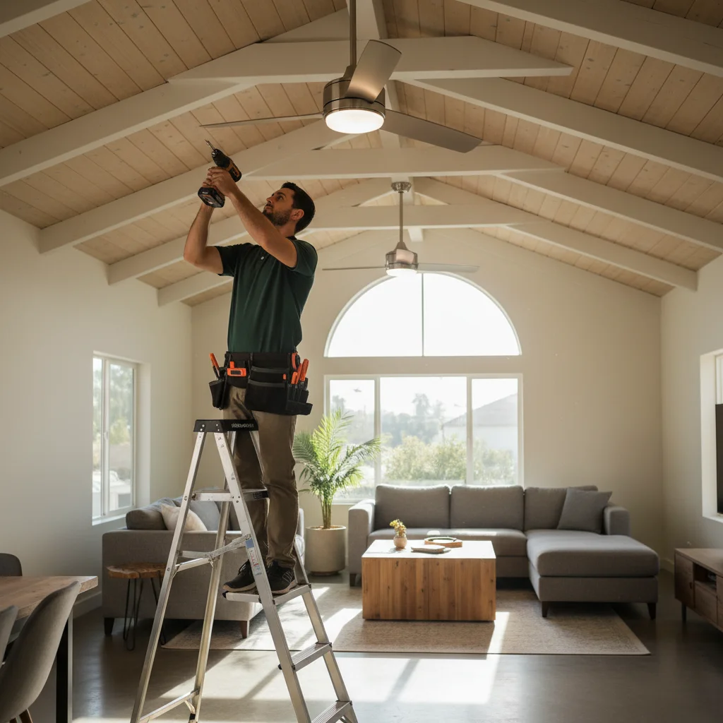 A handyman on a step ladder installing a modern ceiling fan in a sunny San Diego living room with vaulted ceilings