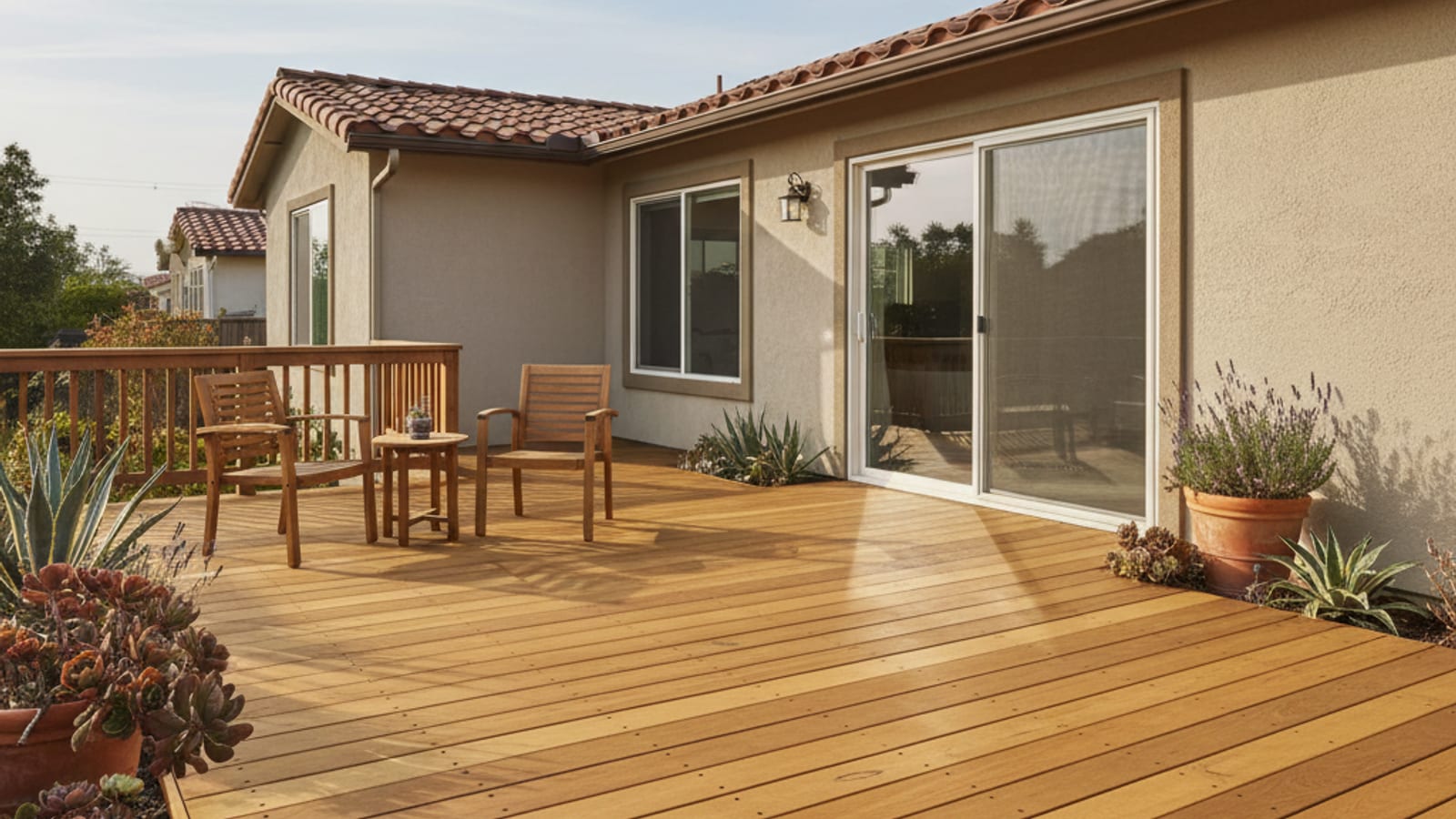 Restored wood deck at a San Diego home, freshly stained and sealed, outdoor furniture arranged on it with a view of a drought-tolerant backyard