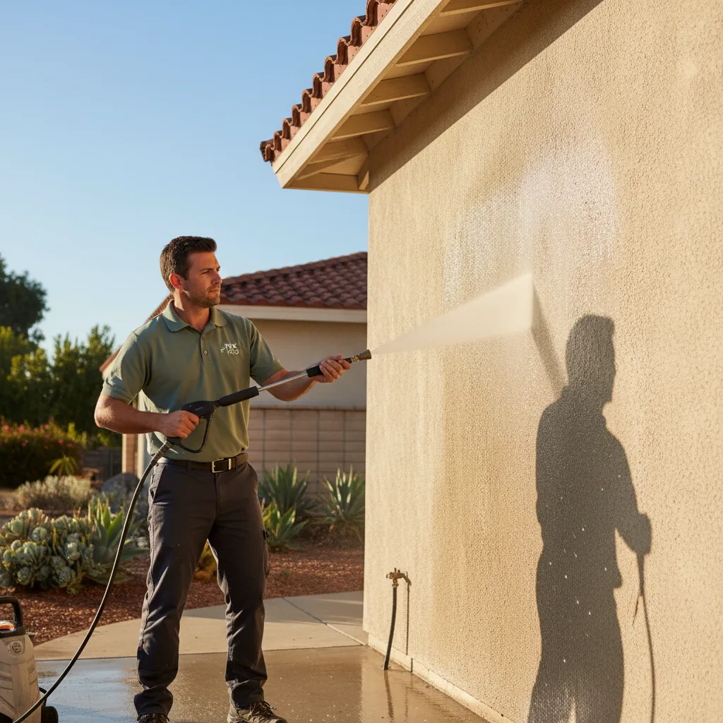 A handyman pressure washing a beige stucco wall on a San Diego ranch home in bright midday sun
