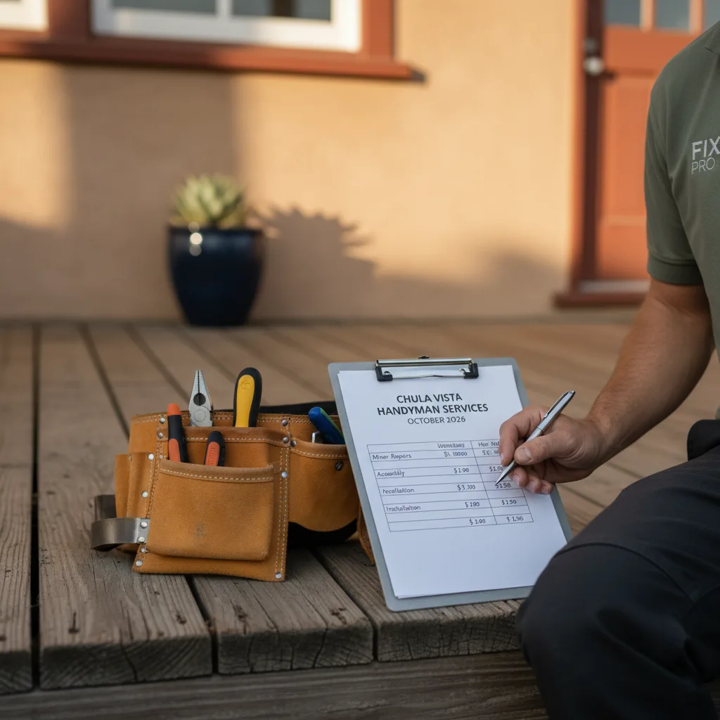 Close-up of a tool belt and clipboard with an itemized estimate on a west Chula Vista bungalow porch