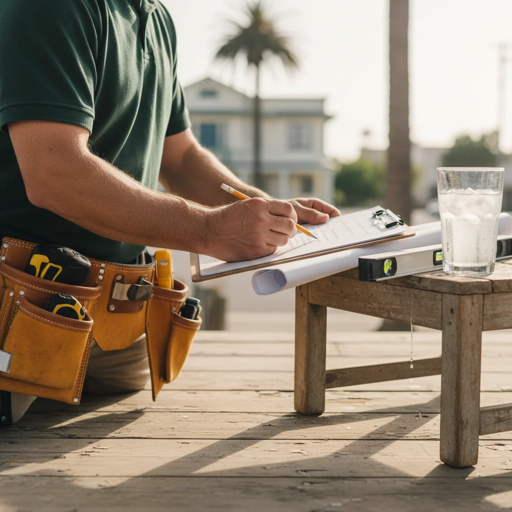 A handyman's tool belt rests on a porch next to a clipboard with an itemized estimate.