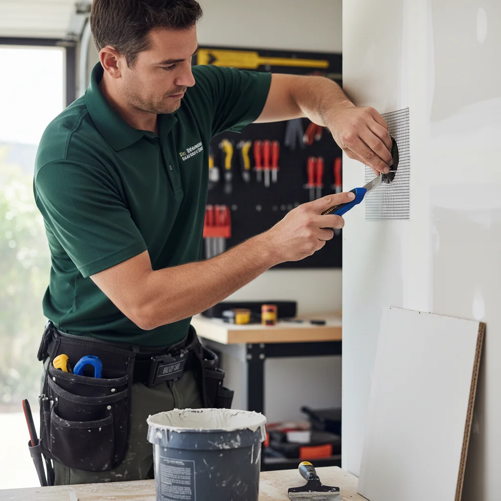 A handyman feathering joint compound around a drywall patch with a 6-inch knife.