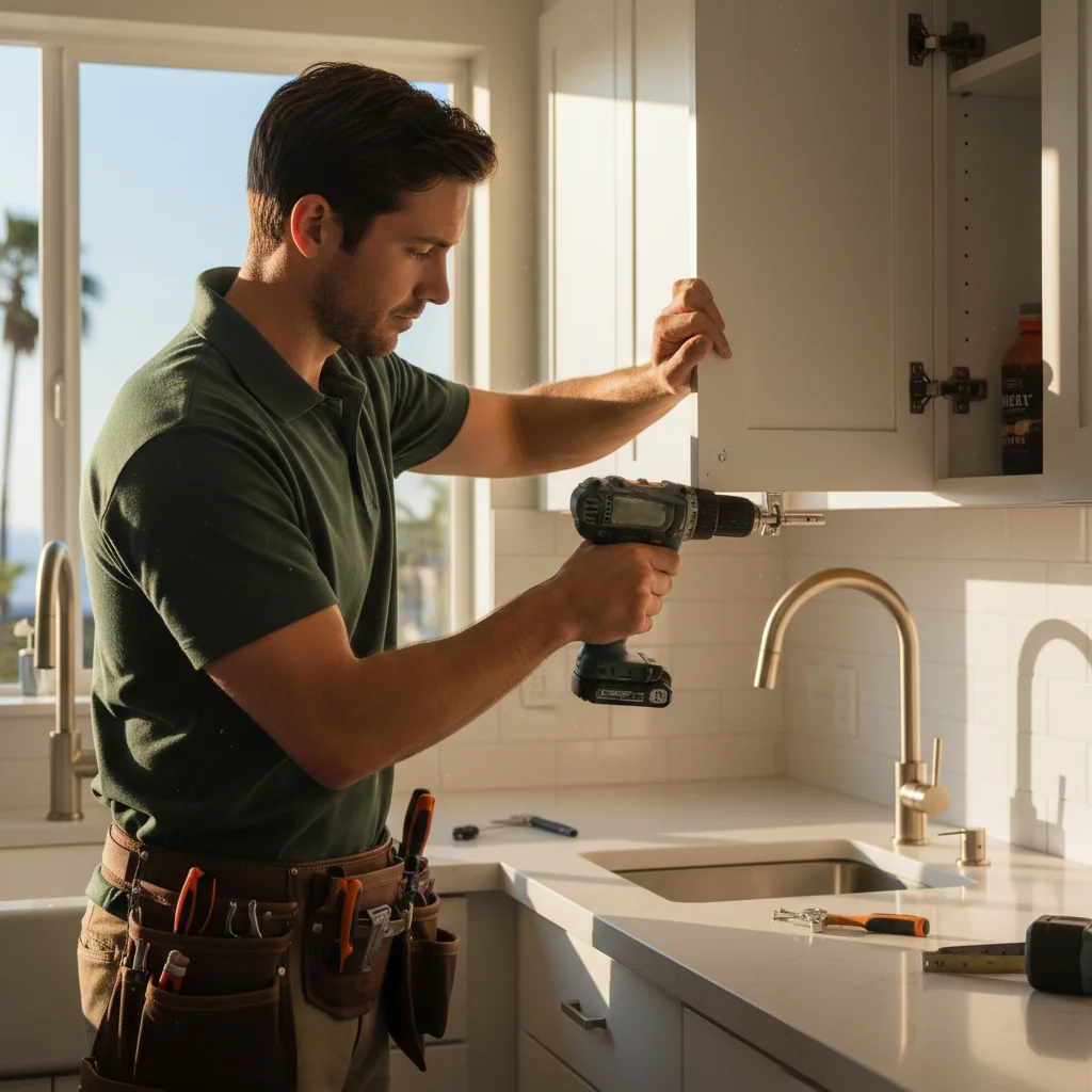 A handyman replacing a soft-close hinge on a white shaker kitchen cabinet in a San Diego home.