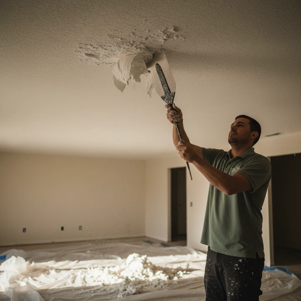 Close-up of a wide drywall knife scraping wet popcorn texture off a ceiling, sof