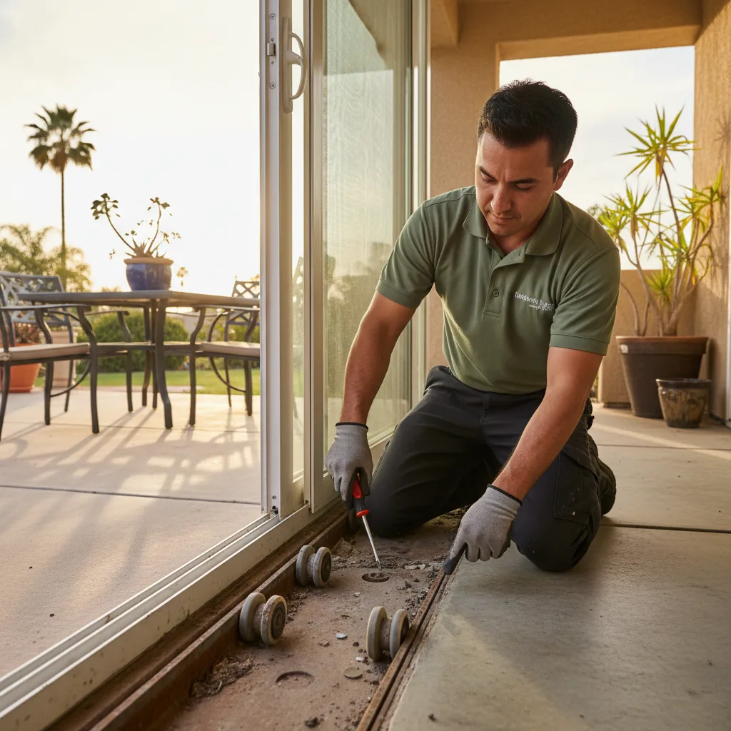 Handyman lifting a sliding glass door off its track to inspect the rollers on a San Diego patio