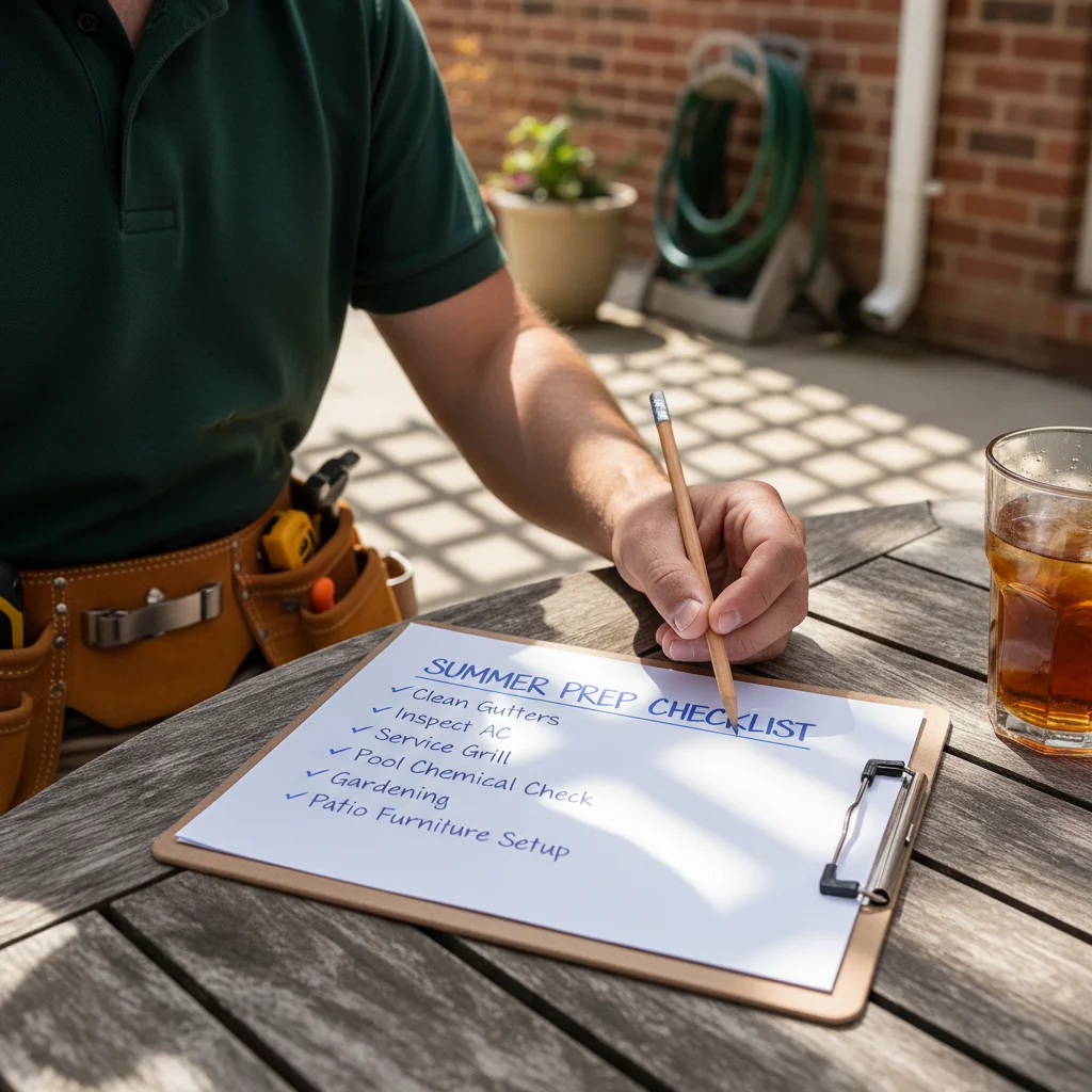 A clipboard with a summer home prep checklist sits on a sunny patio table.