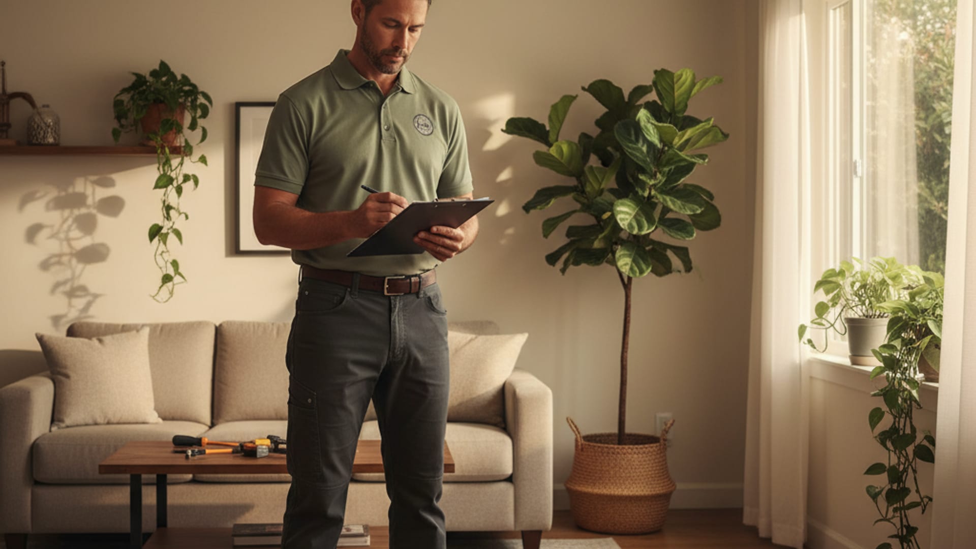 Handyman in sage-green polo reviewing a repair on a stucco wall outside a San Diego home in warm afternoon light