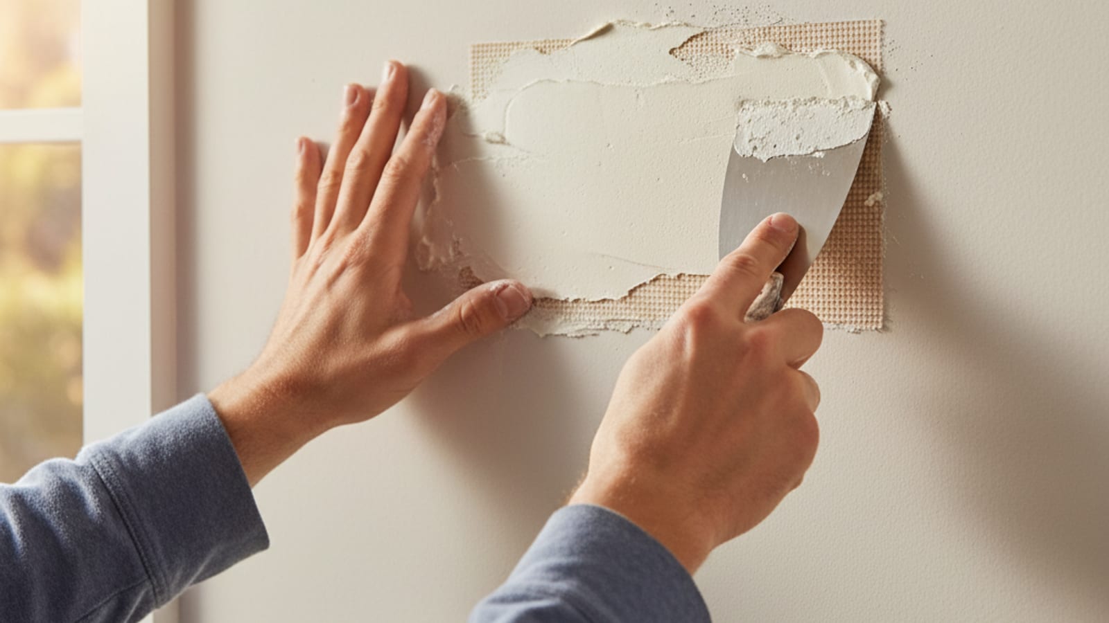 Homeowner applying joint compound over a drywall patch with a wide putty knife, smooth wall surface around it