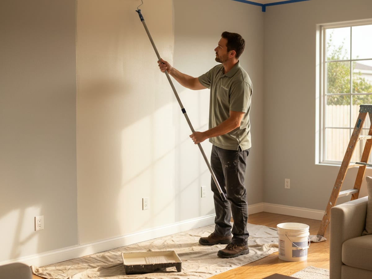 Handyman rolling a clean coat of paint on a living room wall in a San Diego home