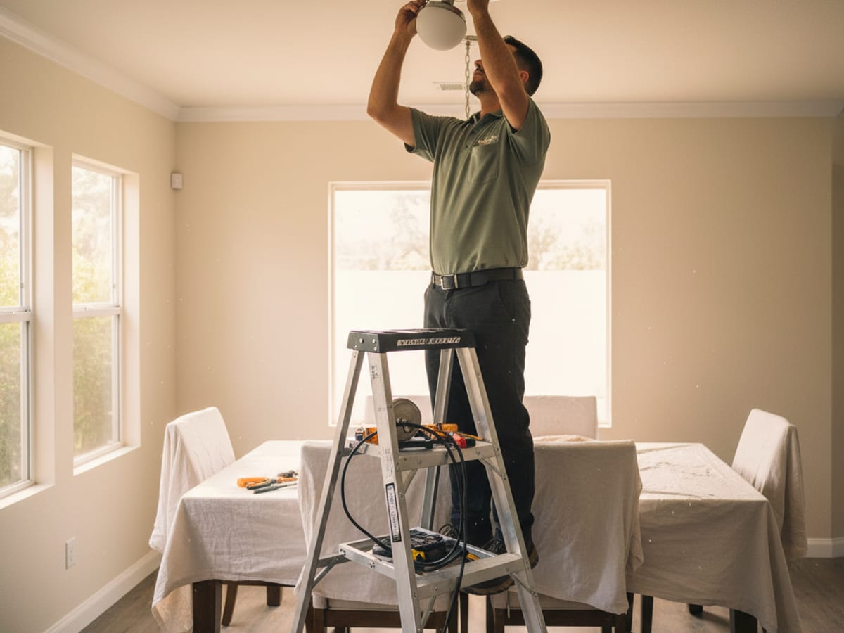 Handyman installing a ceiling fan in a San Diego dining room